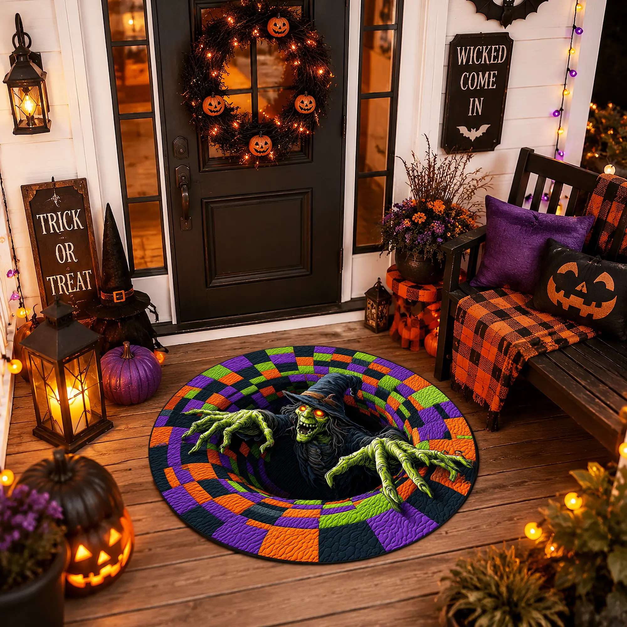 3D Illusion Witch Vortex Round Rug, Halloween Horror Scary Witch Area Rug, Non Slip Floor Mat, Living Room Bedroom Decor, Spooky Gift