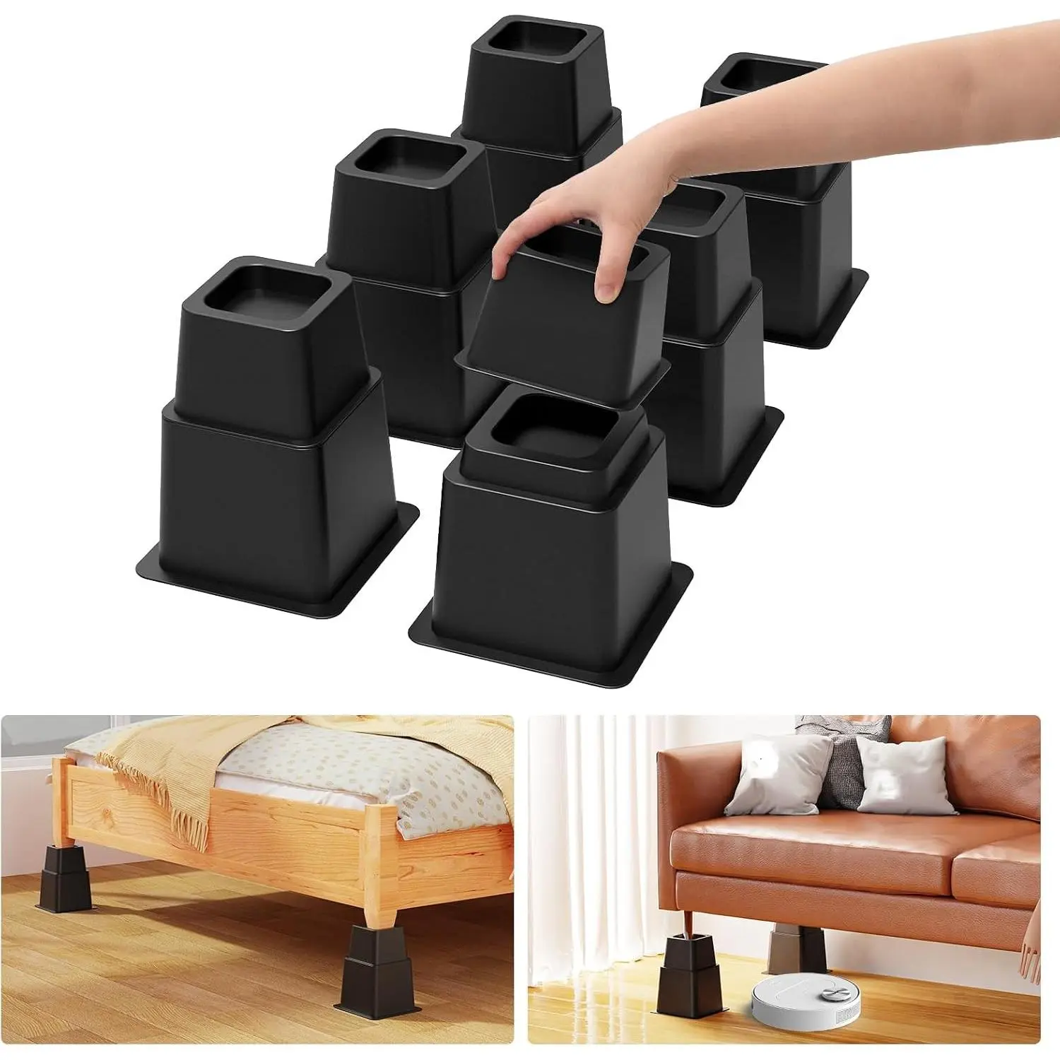 3, 5 or 8 inch Bed Risers Heavy Duty, Adjustable Furniture Risers for Bed, Sofa, Table, Chair, Support up to 1500 Lbs (Set of 6, Black)