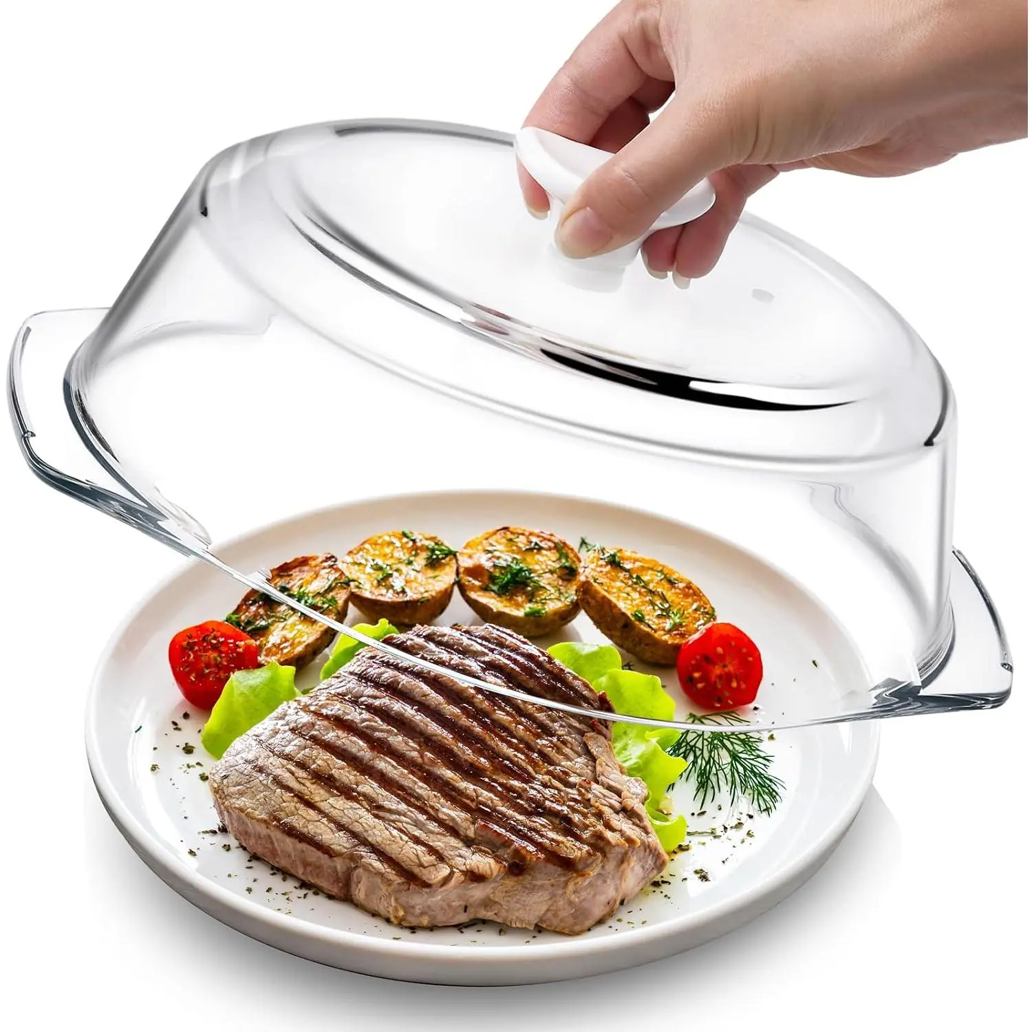 Upgraded Glass Microwave Splatter Cover with Ceramic Handle & Screw, Non-Plastic Microwave Cover for Food with Steam Vent, High Borosilicate Glass, BPA-Free, Lead-Free, Dishwasher Safe