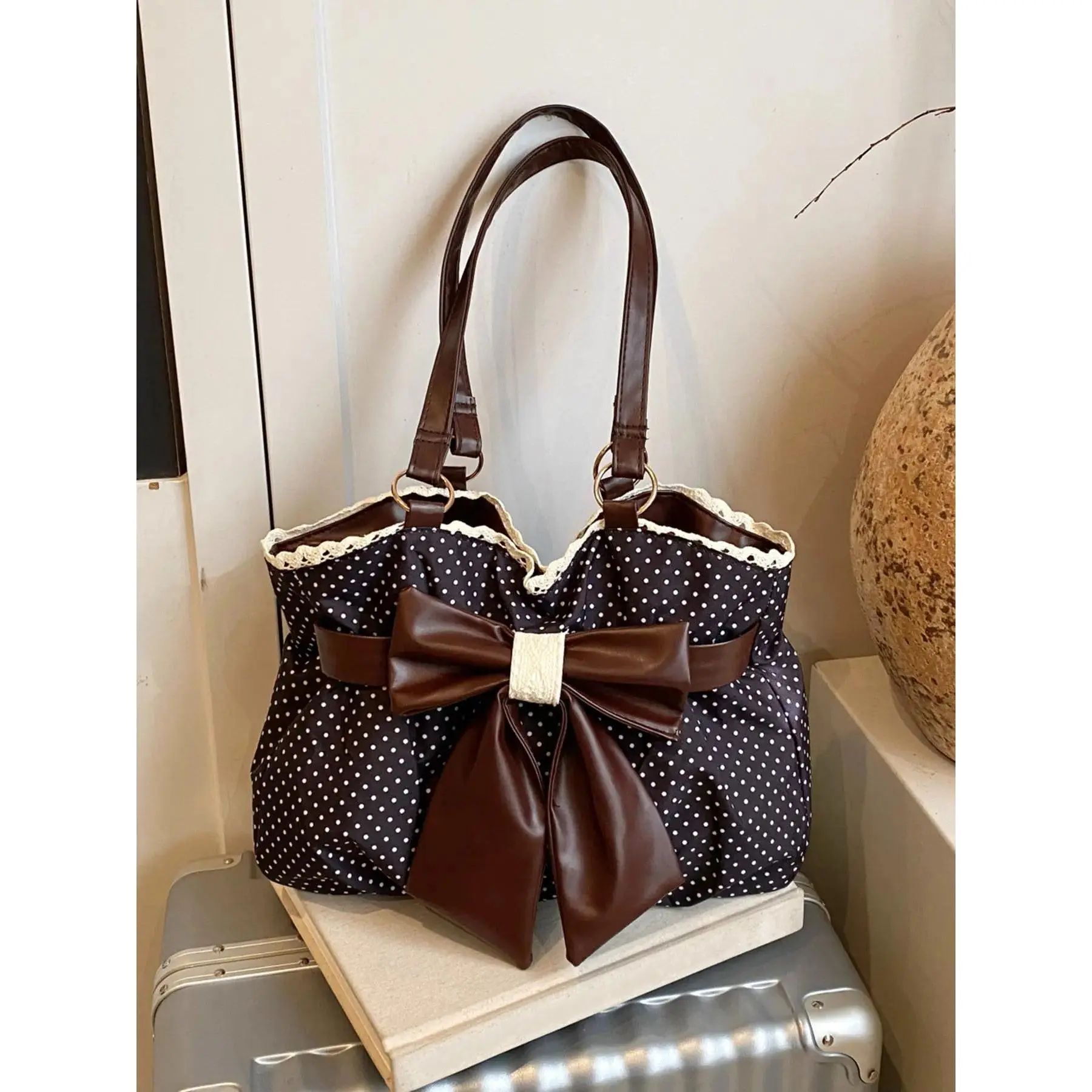Women's Vintage Polka Dot Casual Fashion Handbag - Retro Textured Crossbody Bag with Oversized Bow, Lace Trim, Ample Storage Space - Everyday Bag for Work, Travel, Sightseeing, Bags For Everyday, Shoulder Purse