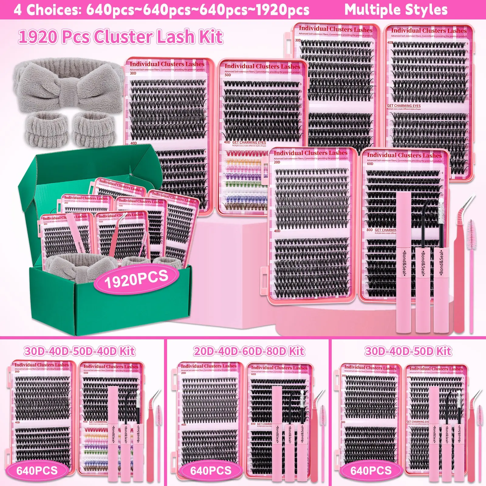 1920PCS/640PCS D Curl Lash Clusters Book Kit, 8 Styles Natural and Colorful Lashes with Bond & Seal, Brush, Lash Applicator, Headband and Wristband Set, Includes Lash Tools, Easy-to-Apply DIY Eyelash Extensions Kit for Beginners and Professionals