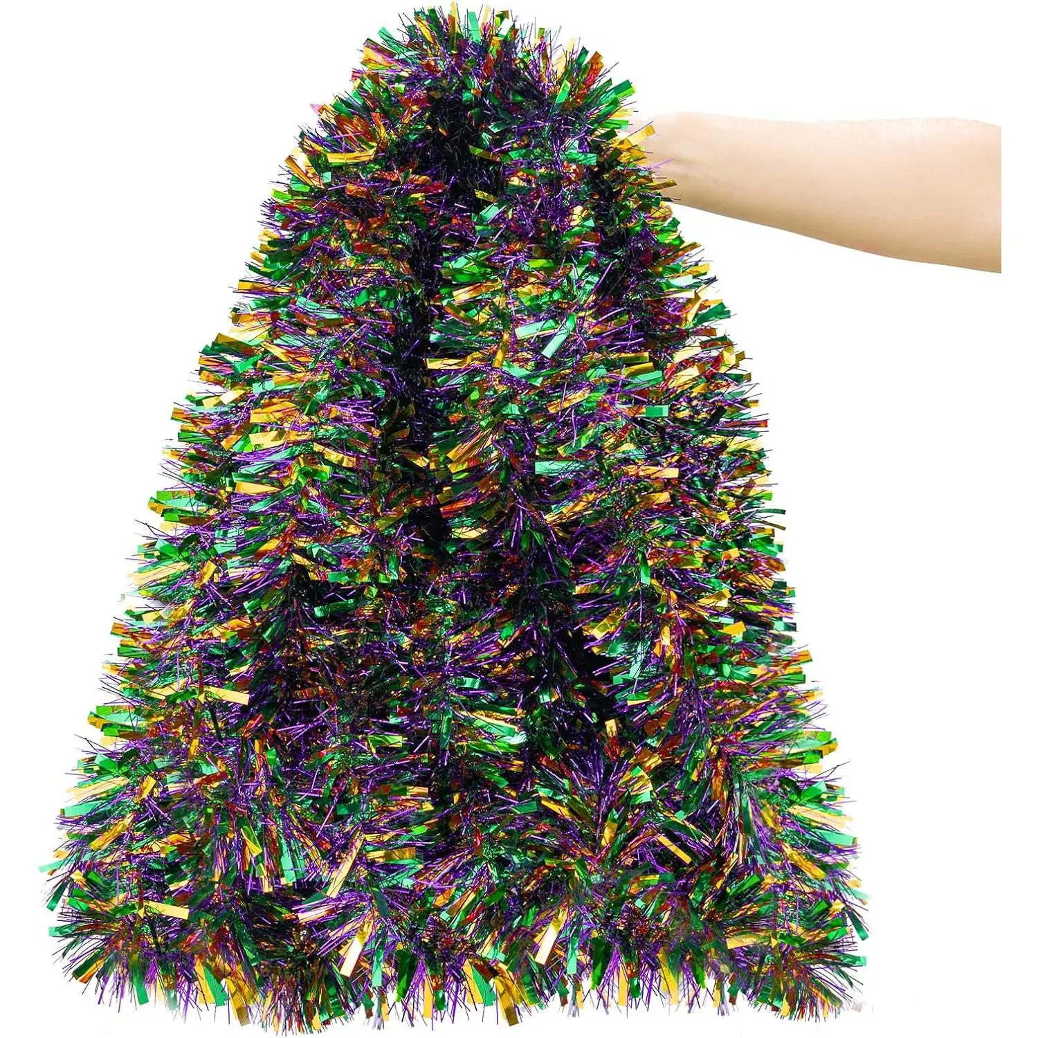 50FT Mardi Gras Tinsel Garland,  Green  Metallic Twist Foil Tinsel Garland Glitter  Garland for Mardi Gras Carnival Party Christmas Tree Indoor Outdoor Decoration