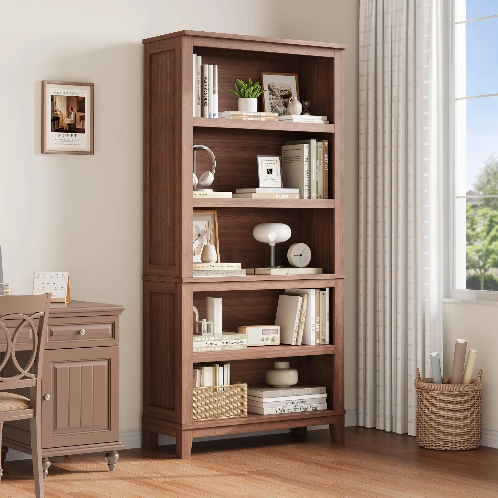 Industrial Farmhouse 71" 5-Tier Bookshelf – Adjustable Shelves – Wooden & Metal Frame Bookcase Organizer for Home Office, Living Room, Bedroom