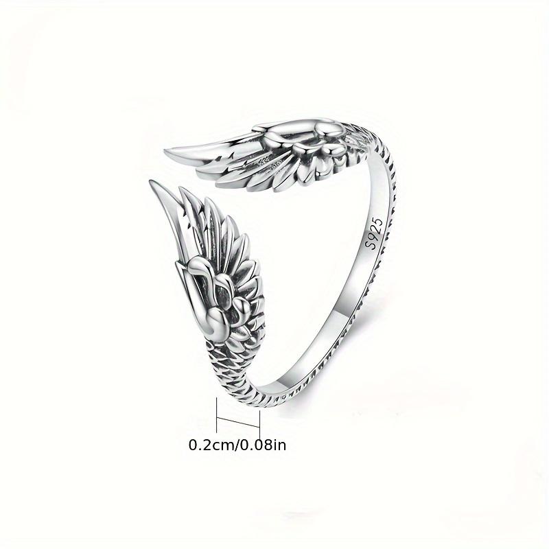 S925 Sterling Silver - Wings Open Ring - Simple Retro Guardian Feather - Finger Ring Hand Jewelry - 1pc