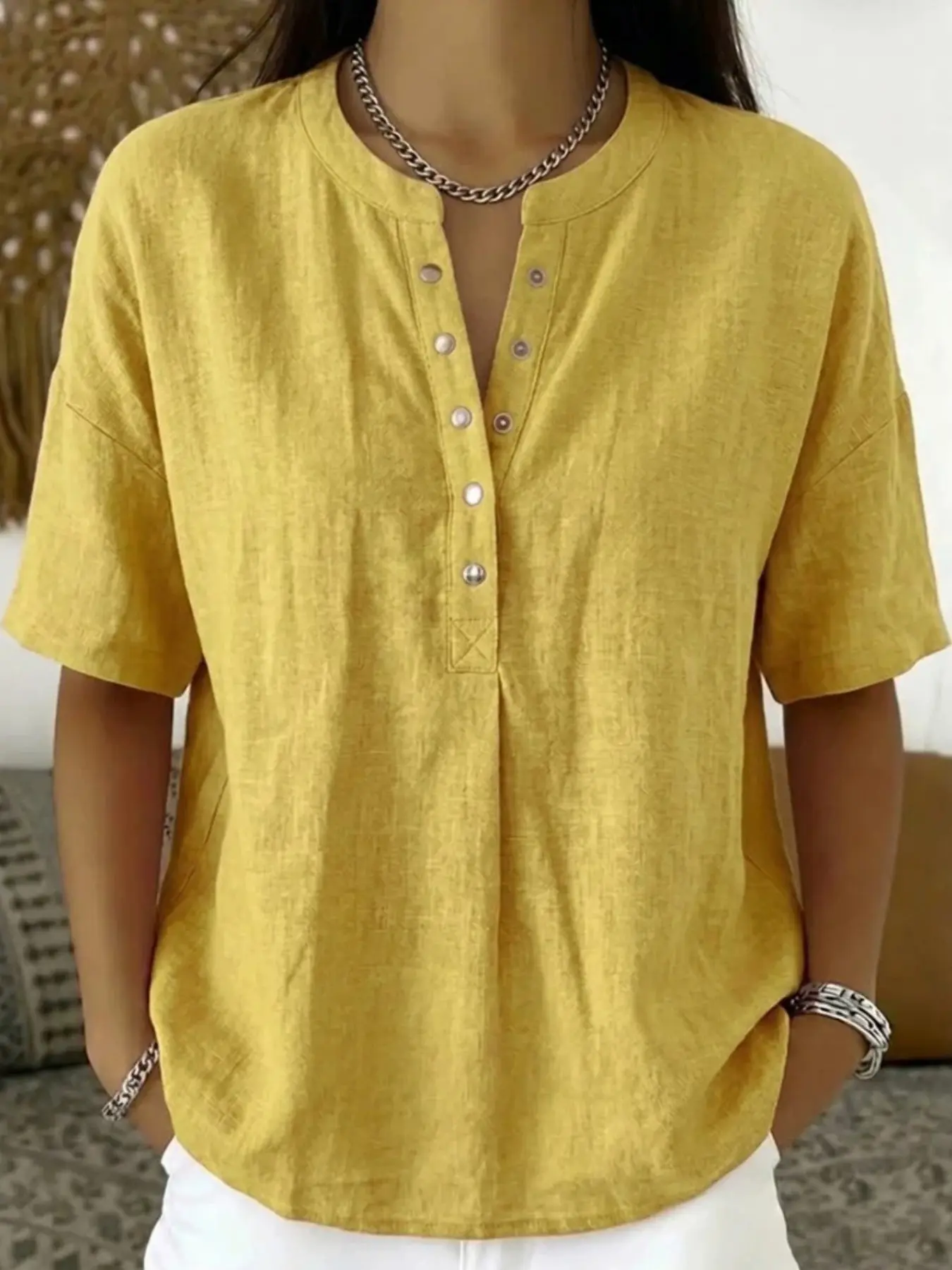 Solid Color Casual V-Neck Button Loose Pullover Short Sleeve Top, Comfortable and Stylish Summer Everyday Wear, Perfect for Daily