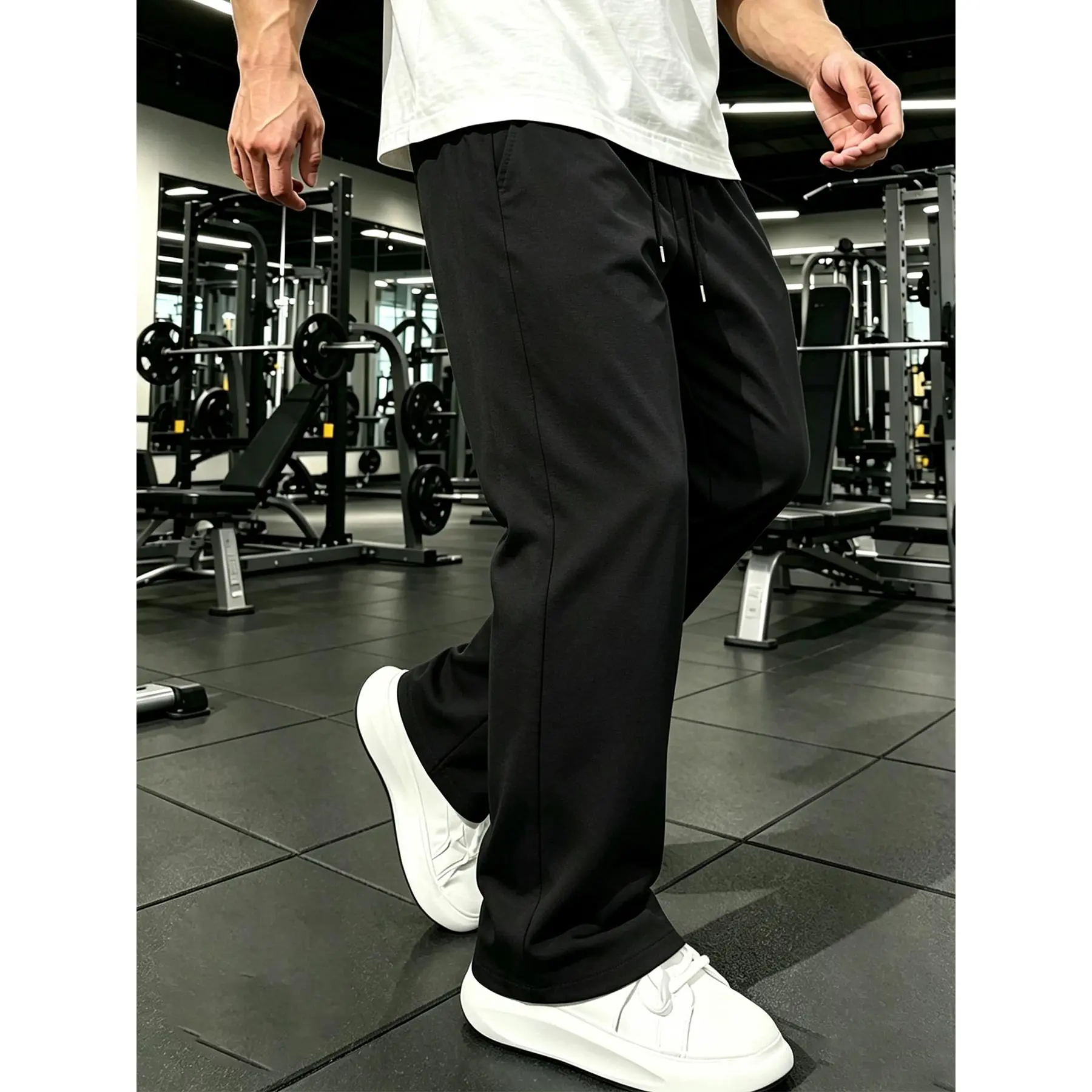Soft pure cotton wide leg athletic trousers with adjustable drawstring waist, breathable lightweight fabric loose full-length silhouette deep side pockets versatile gym casual essential for modern street mensfashion daily wear