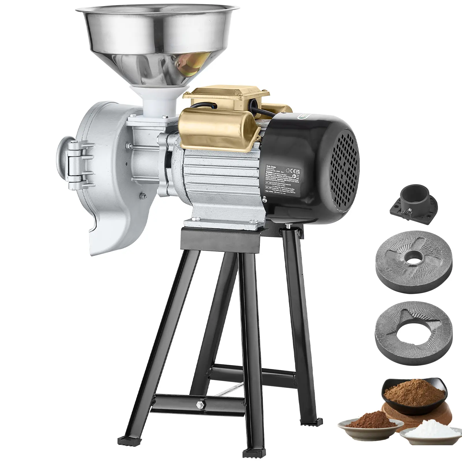 3000W Electric Grain Mill Grinder - 2-in-1 Wet & Dry Powder Grind Machine, Adjustable Thickness, Indoor Use, Industrial Look, Metal Parts
