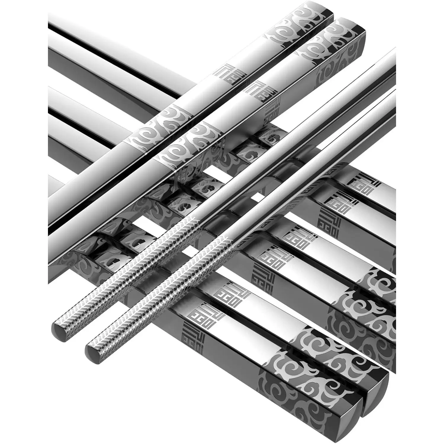 Sturdy Engraved Metal Stainless Steel Chopsticks, Square Lightweight Non-Slip Cutlery Tableware, 5 Pairs (with Fu Accent)