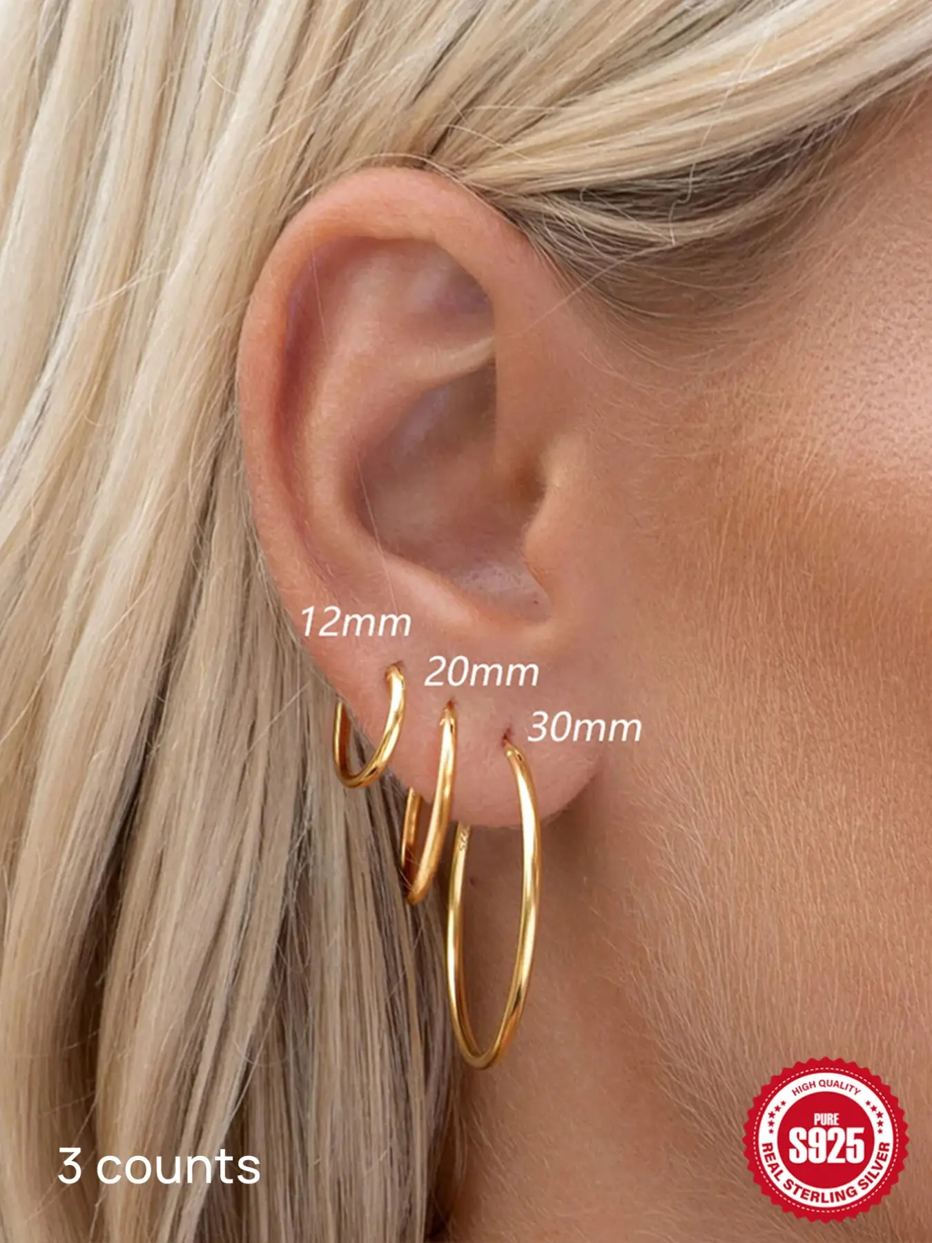 3Pcs S925 Sterling Silver Gold Plated Hoop Earrings Set, Minimalist Graduated Plain Smooth Huggie Hoops Ear Stacking Set for Multiple Piercings, Hypoallergenic Comfy Jewelry Trendy Gift for Her