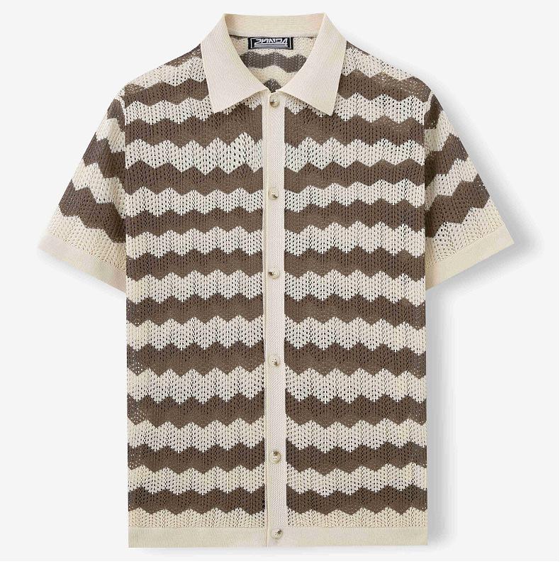Men's Vintage Hong Kong Style Wave Pattern Hollow Knit Shirt with Turn-down Collar, Summer Short Sleeve Casual Polo Shirt