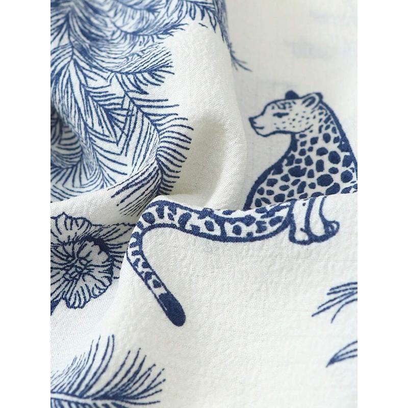 2pcs Soft Palm Tree & Giraffe Print Lapel Button Short Sleeve Top With Pocket And Bowknot Shorts Pajama Set, Women Loungewear For Home Wear, Spring & Summer Fabric Fit rave outfit 90s graphic tees office outfits women ibiza outfits women's summer outfits