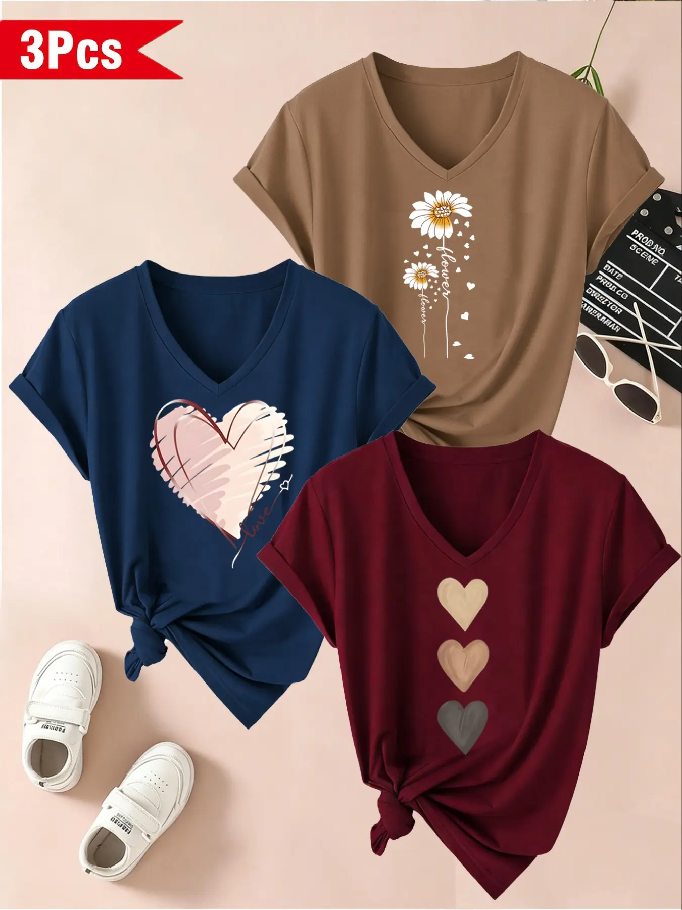 Women's 3-Pack V-Neck Short Sleeve T-Shirts, Casual Geometric Heart & Chrysanthemum Print, All Seasons Fashion Tops for Daily Wear
