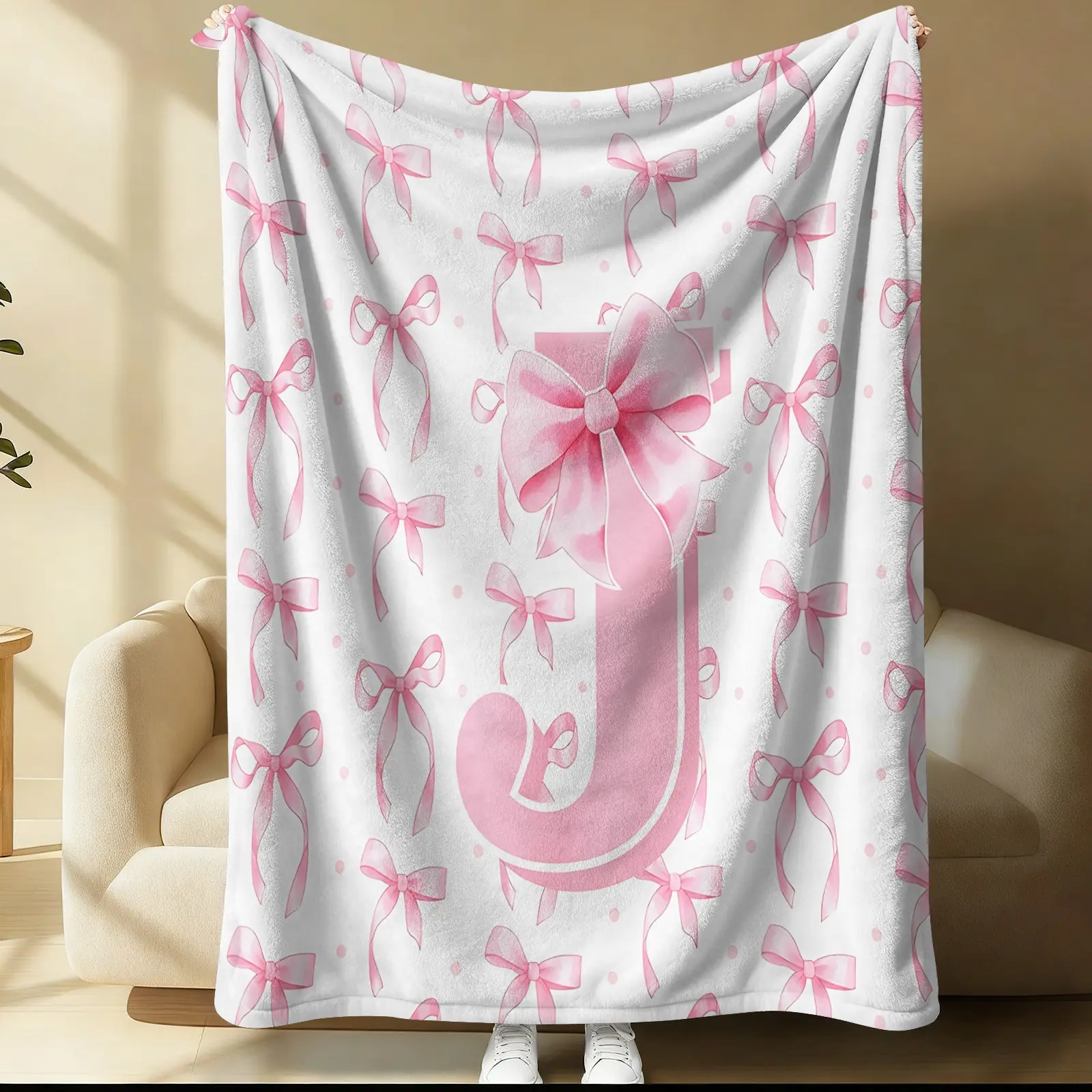 Personalized Letter J Pink Bow Throw Blanket, Coquette Monogram Letter J Flannel Blanket with Cute Ribbon Print, Lightweight Cozy Soft Decorative Blanket for Bed Sofa Couch, Perfect Birthday Gift for Girls & Women, Blanket Gifts