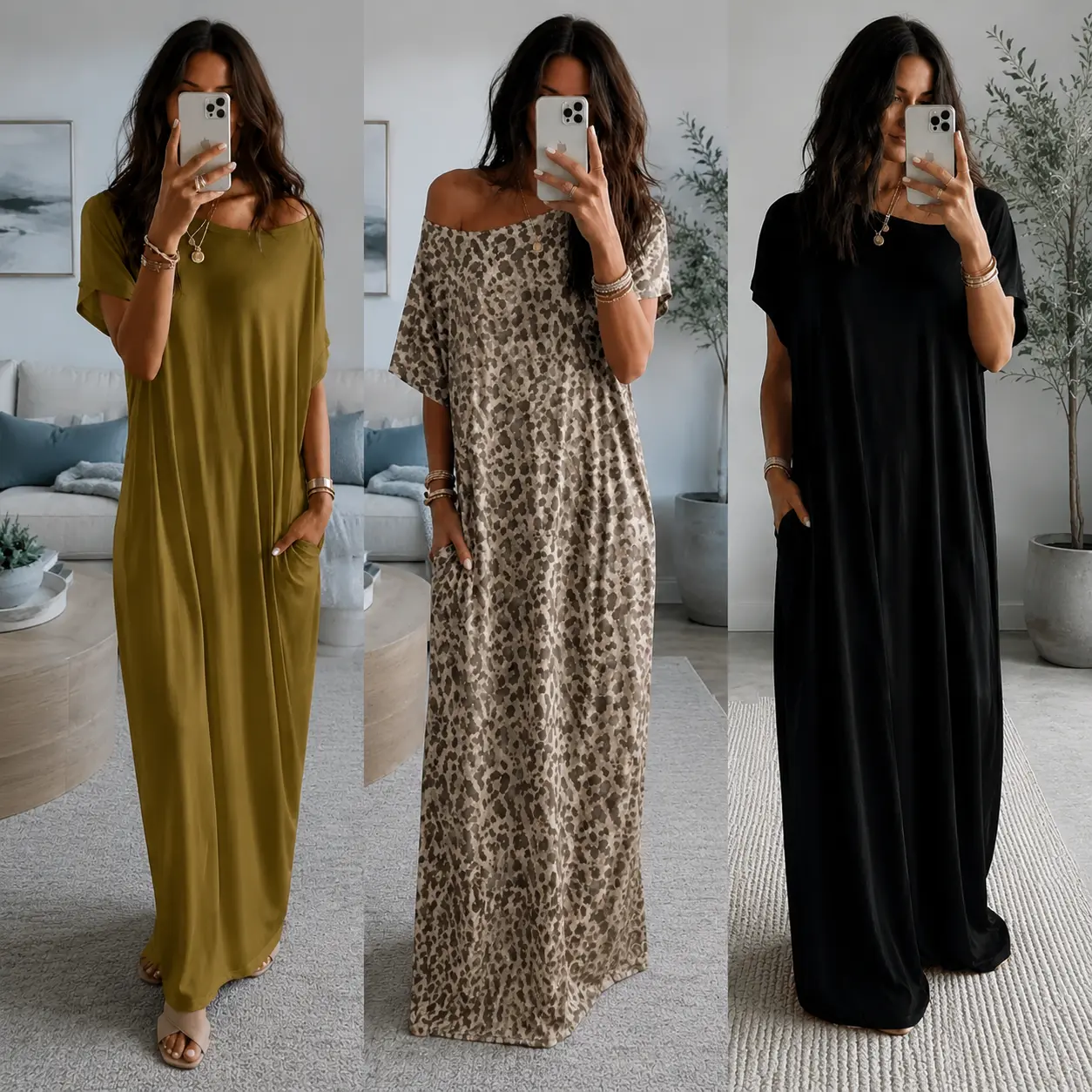 Women's Casual Knitting T-Shirt Dress - Loose-Fit Crew Neck Short Sleeve Loungewear, Soft Viscose Elastane Polyester Blend Fabric, Basic Plain All-Season Sports Dress