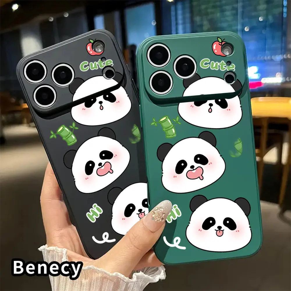 Cute Three Cartoon Panda Bamboo Apple Print Shockproof Anti Drop Phone Case  For iPhone 17Air 16Pro Max 15 14 13 12 11Pro Plus Samsung Galaxy S21 S22 S23 S24 S25 S26 Plus Ultra FE tough shockproof anti-drop designer fashion stylish gift
