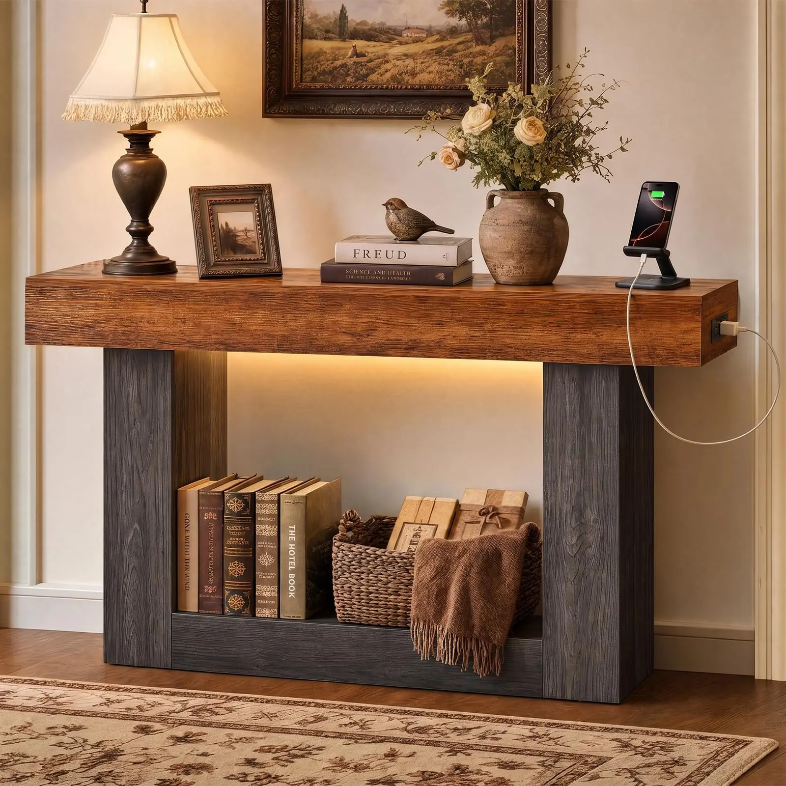 Rectangular Farmhouse Console Table with Unique Geometric Pattern, LED Lights, Power Outlets, 2-Level Storage - Ideal for Entryway, Living Room