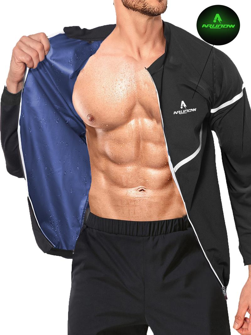 Men's Letter Print Zipper Sauna Top, Long Sleeve Funnel Neck Zip Up Sports Top, Casual Sportswear Clothing for Indoor Outdoor Wear, Sports Outerwear