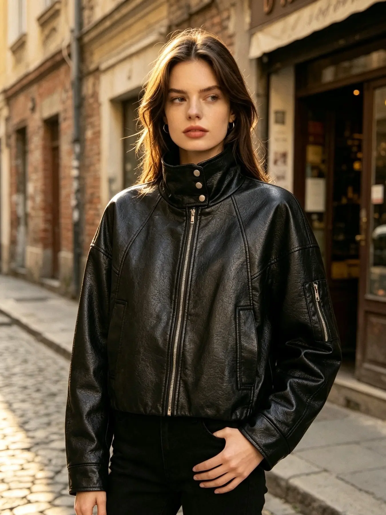 Vintage Stand Collar Zipper Short Motorcycle Jacket for Women, Street Style Loose Fit Outerwear, Casual Long Sleeve Top with Full Placket