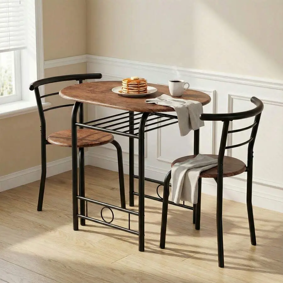 Indoor 3-Piece Contemporary Redwood & Metal Mini Apartment Combo Dining Room Furniture Set - Oval Table, 2 Matching Chairs, Storage Rack for Storage Organization, Balcony