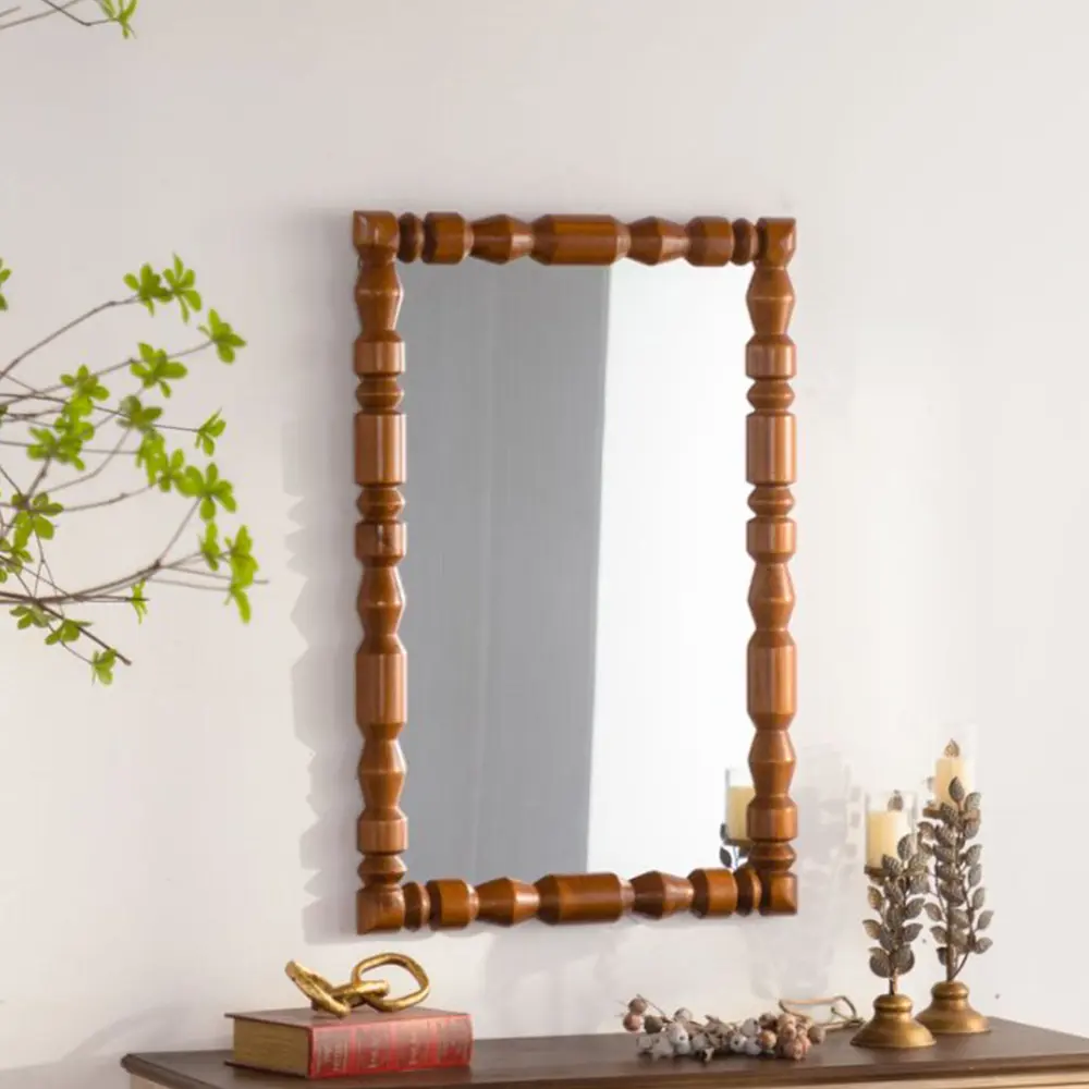 Littleox Vintage Wooden Carved Wall Mirror, Decorative Column Frame for Living Room/Entryway Retro Decor