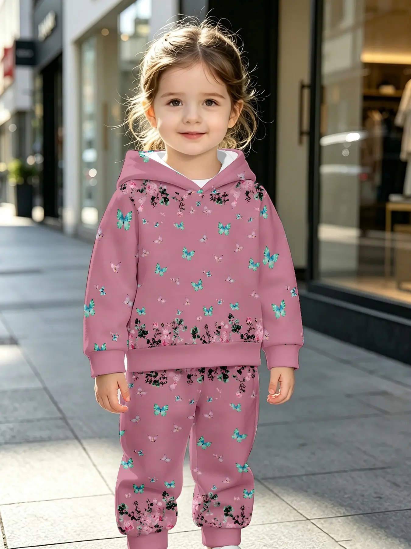Hooded Sweatshirt Set, Butterfly Rose Print, Long Sleeve Loose Fit, Fall & Winter, Cartoon Pattern, Natural Waist, Two-Piece Suit