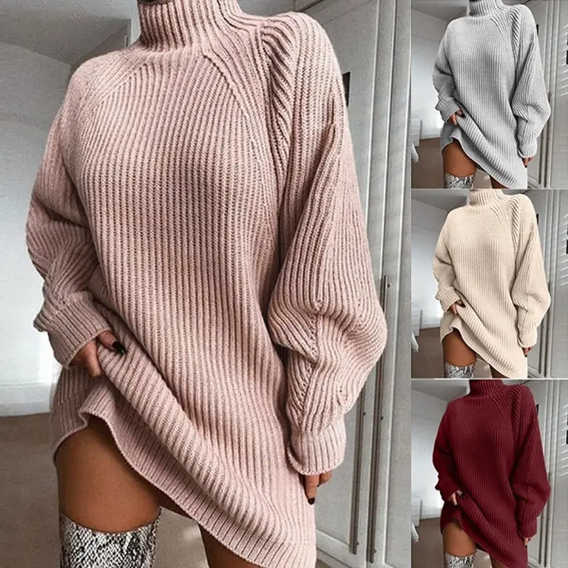 Women's Solid Imitation Cotton Turtleneck Long Sweater Dress, Winter Festive & Party Gift