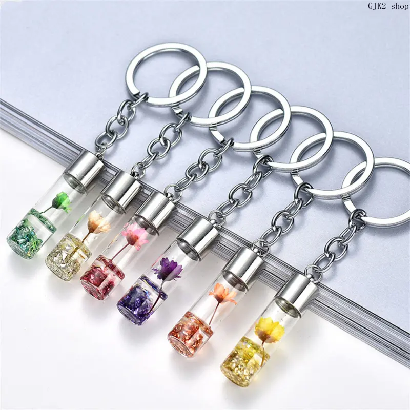 Preserved Flower Keychain, Kawaii Cylindrical Glass Wishing Bottle Pendant, Floral Bag Charm for Women - Cute Gift Ideas, Preserved Flowers, Kawaii Charm, Keychains For Women, Tiny Size, Women/Girls