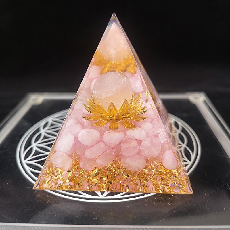 Orgonite Pyramid with Natural Crystal Chips, Pink Quartz Energy Generator for Home Decor, Spiritual Healing Ornament