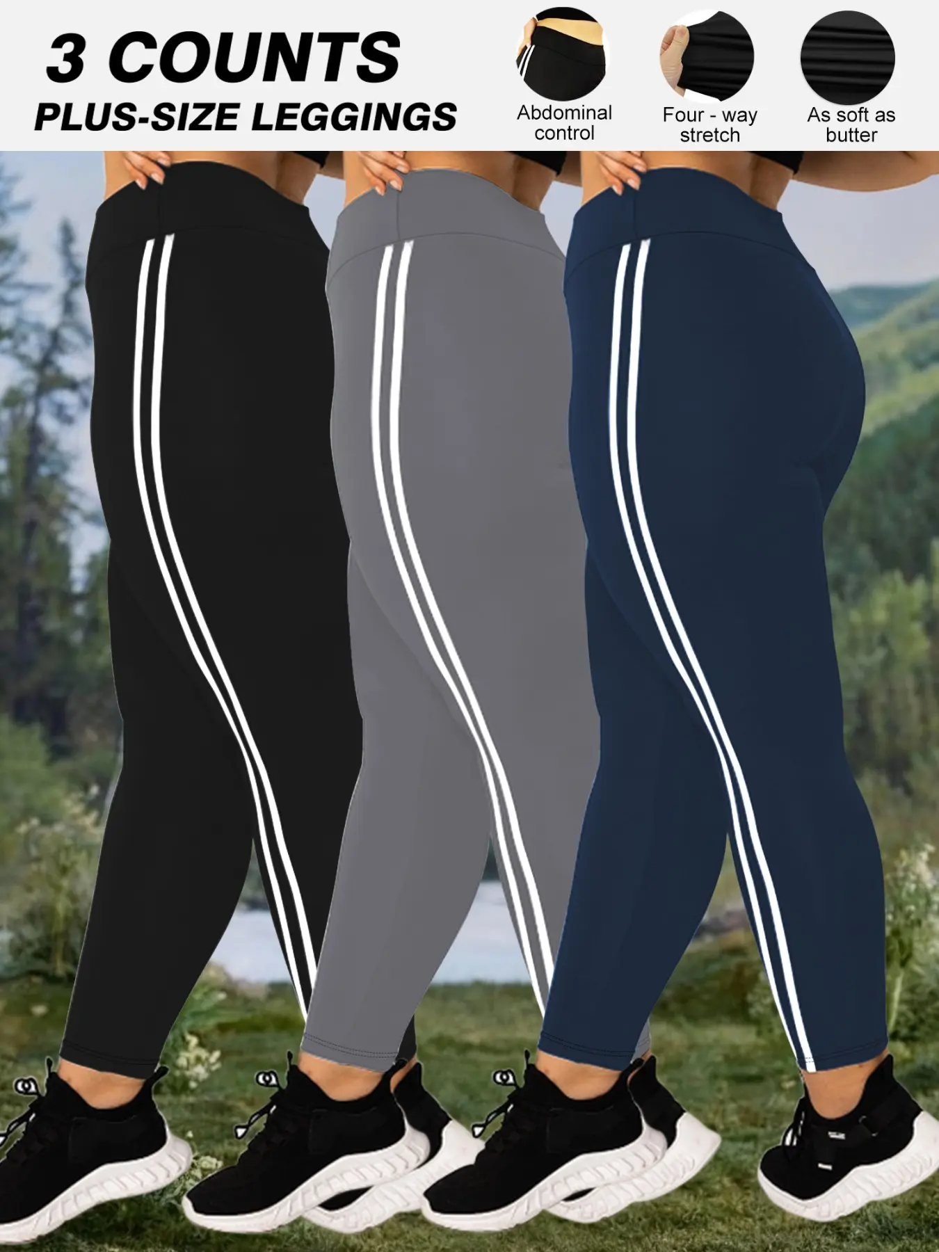 Three-Pack Women's Plus Size High-Waisted Side Stripe Leggings, Soft Stretchy, Gym Workout Leggings, Casual Workout Pants, Fitness Pants, Ideal for Walking, Shopping, Travel, Home Exercise, Yoga