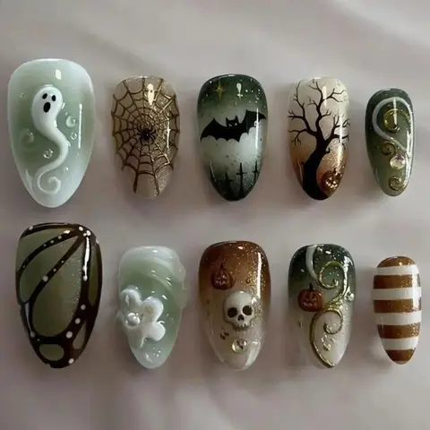 Halloween Press-On Nails (30PCS, Multi-Size, Unisex), Medium Almond Fake Nails with Glossy Ghost Skull & Spider Web Designs, Reusable Set for Halloween Parties & Costumes