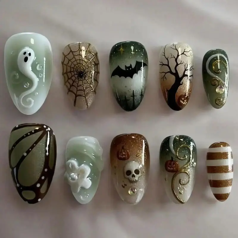 Halloween Press-On Nails (30PCS, Multi-Size, Unisex), Medium Almond Fake Nails with Glossy Ghost Skull & Spider Web Designs, Reusable Set for Halloween Parties & Costumes