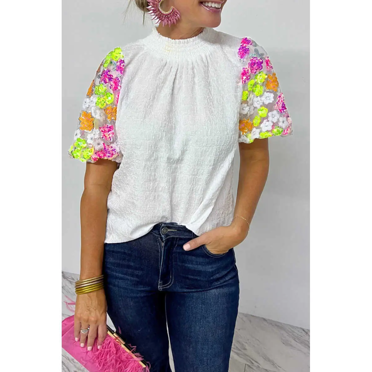Women's Elegant Fashion Sequin Puff Shortsleeve Blouse, Crinkled Polyester Top with Smocked Collar for Casual Wear, Lady, Style, Sequin Accents, Textured Blouse