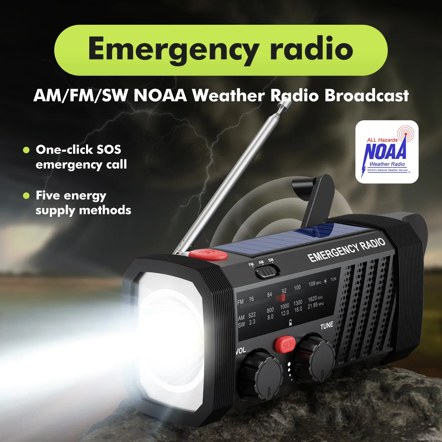 Emergency Radio with Sos Alarm, Am/fm/sw Bands, Flashlight, 2000mah Battery, Solar/crank Charging, Outdoor Survival