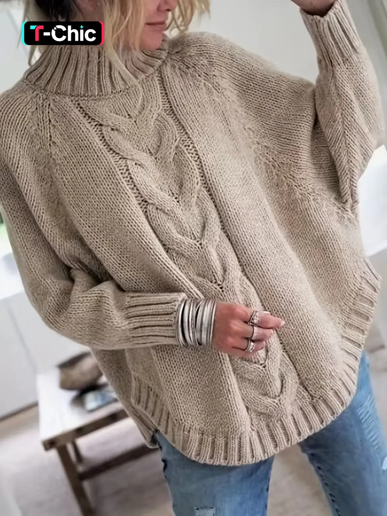 Women's Turtle Neck Cable Knit Long Sleeve Pullover Sweater, Autumn Winter Everyday Casual Loose Fit Cozy Comfortable Stylish Solid Color Sweater Top, Women Fall Sweater, Winter Knit Tops for Women