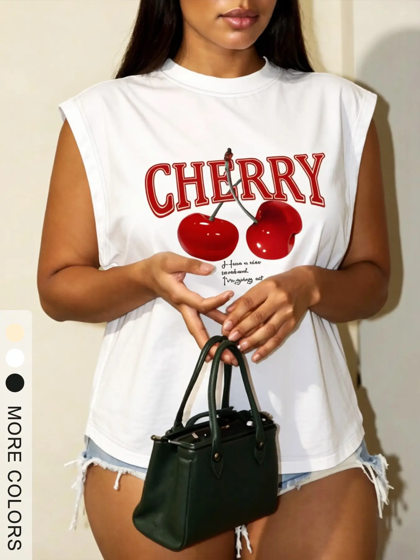 Women's Cherry Sleeveless Short Tee, Loose Fit, Bold Statement Graphic Print, Y2K Aesthetic, Perfect for Nightclubs & Summer Vacations