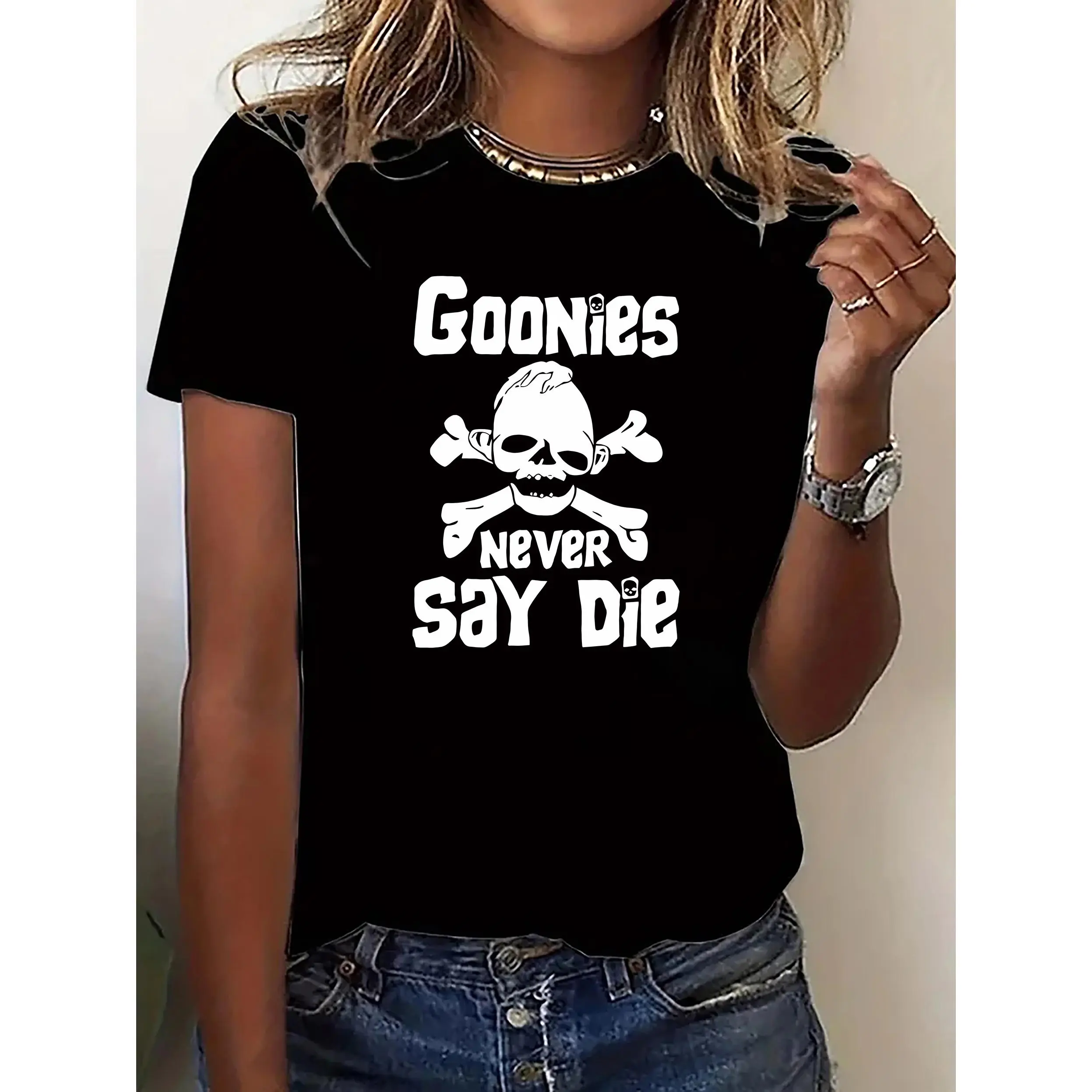 Women's Goonies Never Say Die Graphic Knit T-Shirt - Chic Alphabet Print, Casual Regular Fit, Short Sleeve Round Neck, 100% Cotton, Plus Size, Machine Washable Top (Note: Do Not Dry Clean)