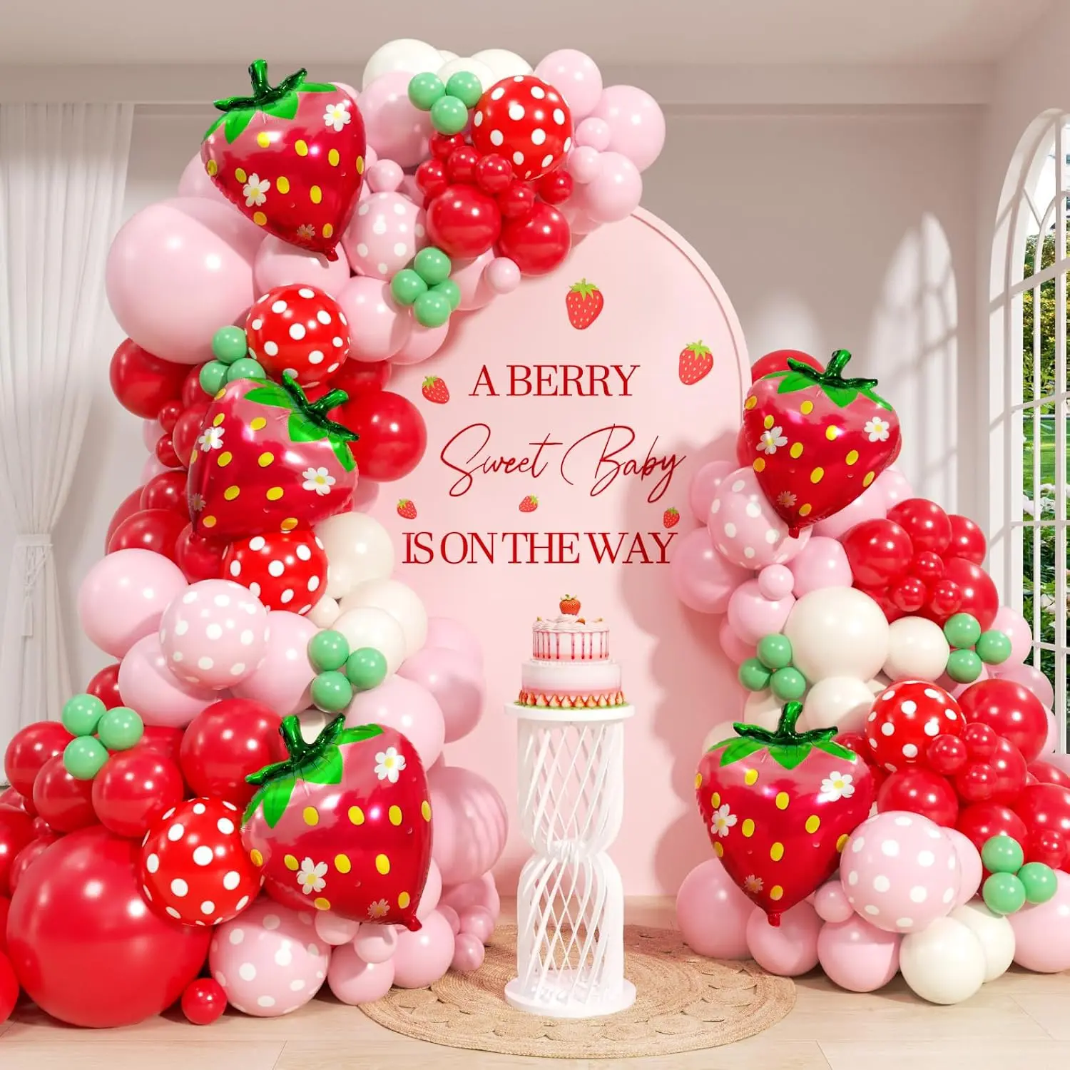 120 count Strawberry Balloon Arch Kit with Red  Sand White Light Green Print Foil Strawberry Balloons for  Shower Birthday Party Decorations