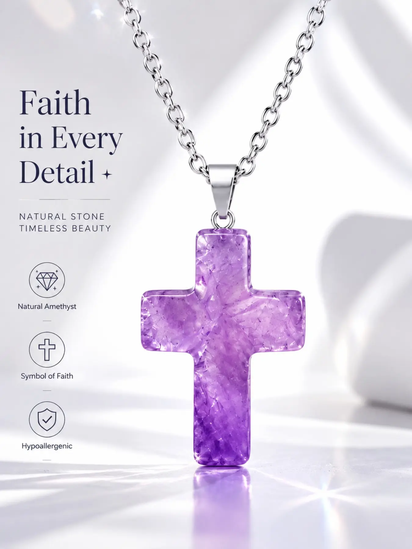 Amethyst Cross Necklace for Women, 18K Gold Plated Stainless Steel Chain Pendant, Natural Purple Crystal Faith Protection Jewelry, Spiritual Gift for Her, Hypoallergenic Cross Necklaces