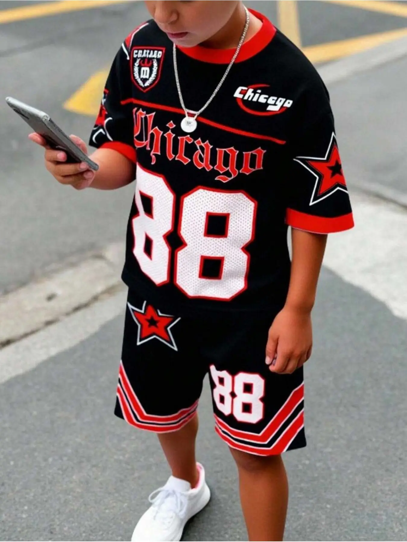 Boy Chicago 88 Star Print 2-Piece Set, Summer Short Sleeve Jersey Top and Striped Shorts, Kids Hip-Hop Basketball Sports Wear