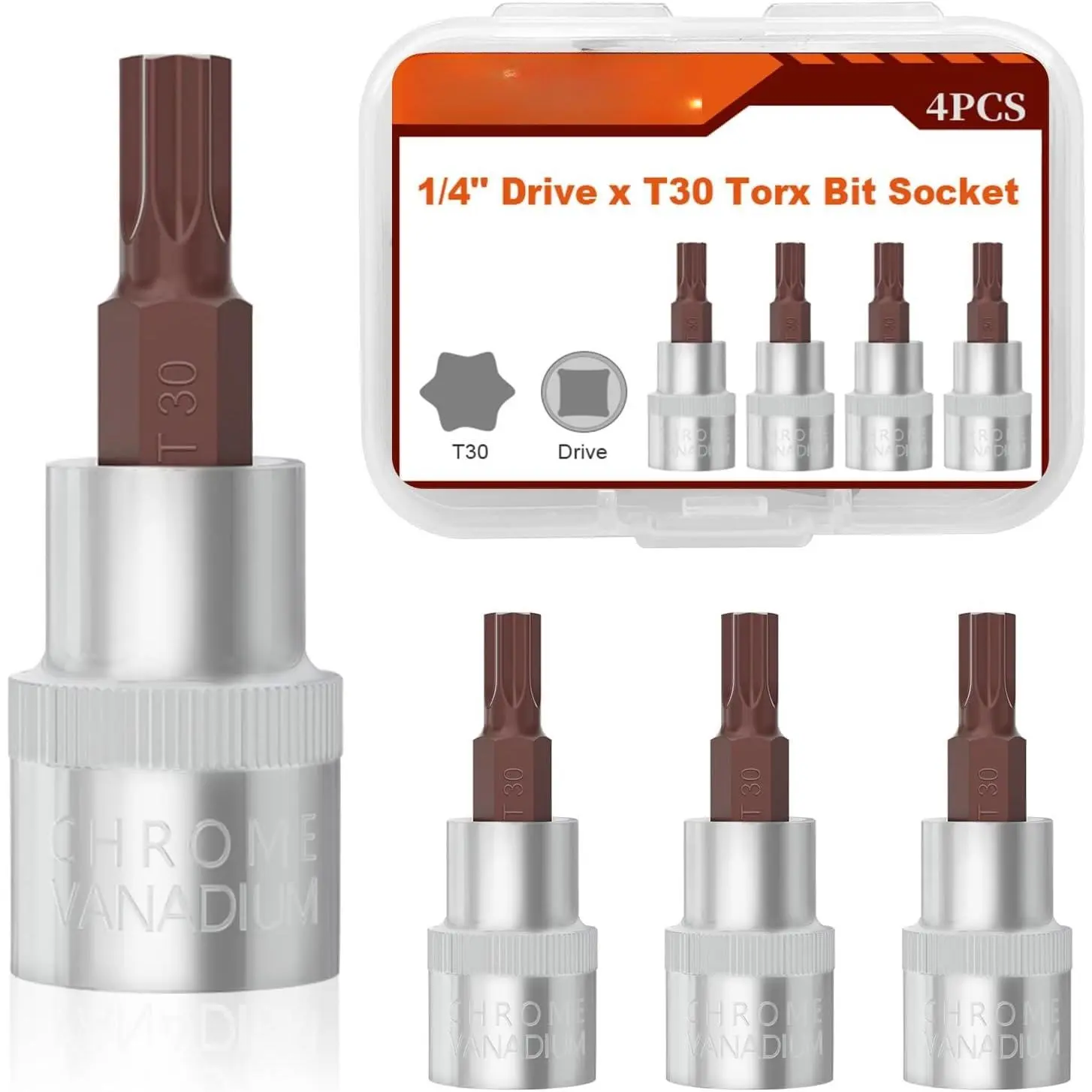 4 count 1/4" Drive T30 Torx Bit Socket, S2 Steel Bits, CR‑V Steel  Socket 1.5" Length for Slide Bar, Ratchet Wrench, Extension Rod,  Drill and  Repair (T30)