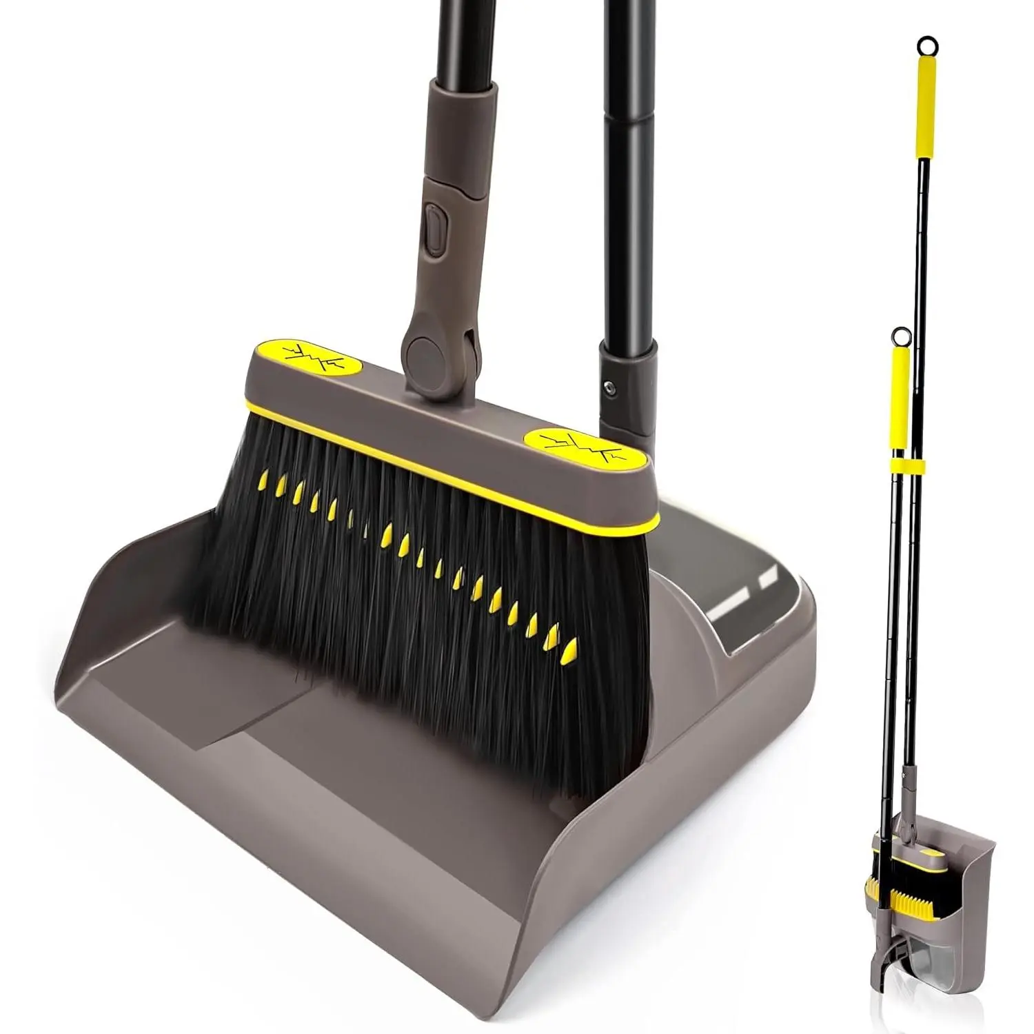 Broom and Dustpan Combo Set, Long Handle Lightweight 180 Degree Rotating Indoor Sweeping Brush, Upright Standing Dust Pan with Comb Teeth for Home Kitchen Office Lobby (Brown Yellow)