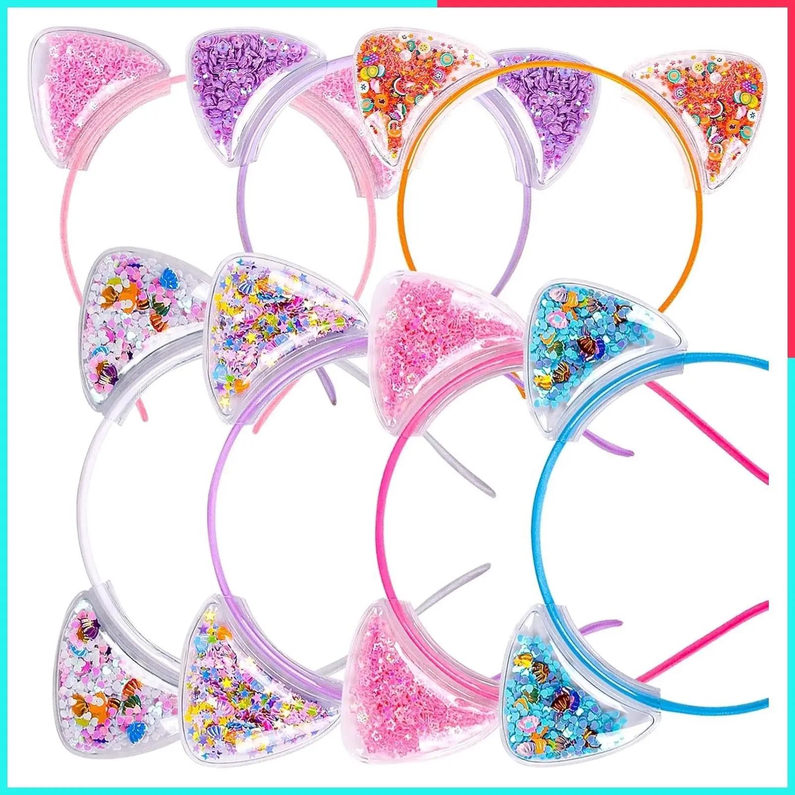 Cute Cat Ears Headband Set for Girls, Non-Slip Transparent Quicksand Plastic Headbands, 7 Pack (1 of Each Color)