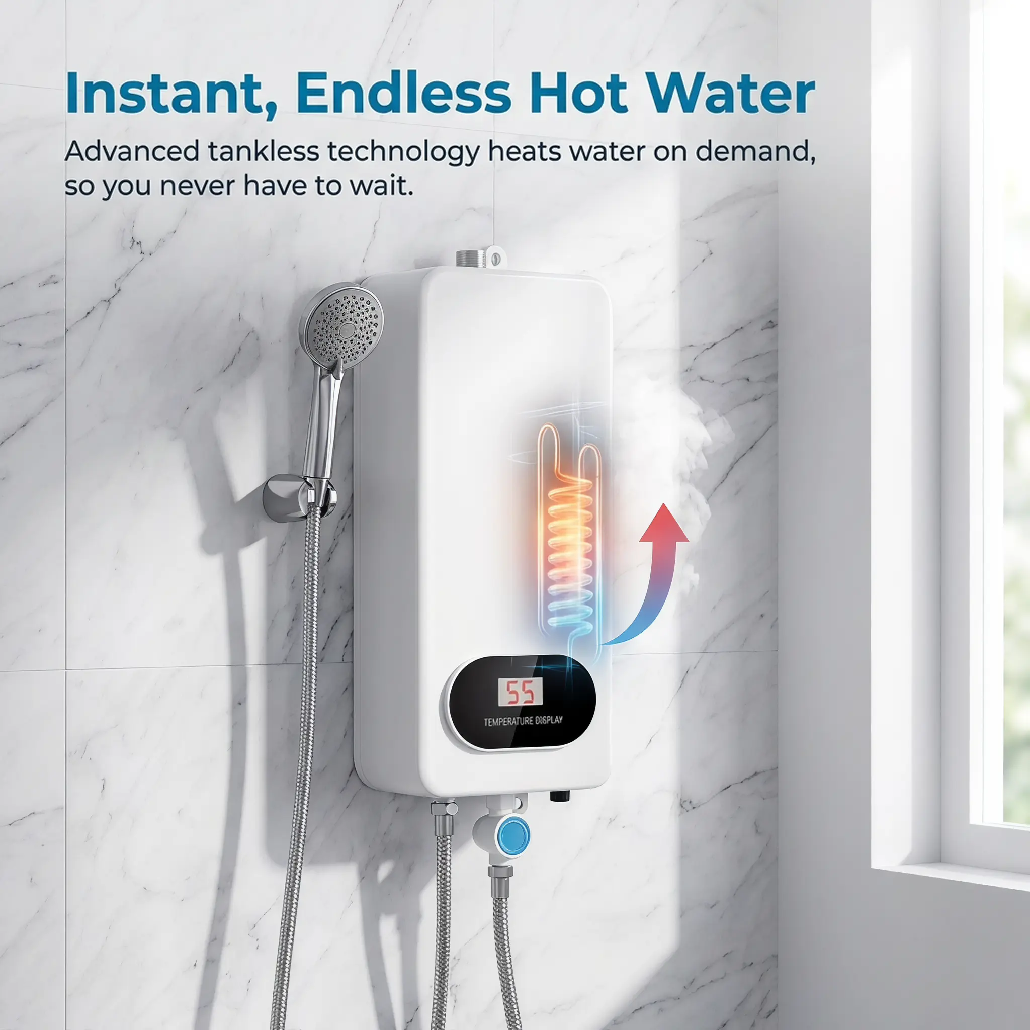 110V 3500W Tankless Instant Electric Water Heater with Complete Shower Head Kit, On-Demand Continuous Hot Water, LCD Digital Temperature Display, Compact Easy to Install Water Heating Unit for Household Bathroom, Kitchen, RV & Camper Use
