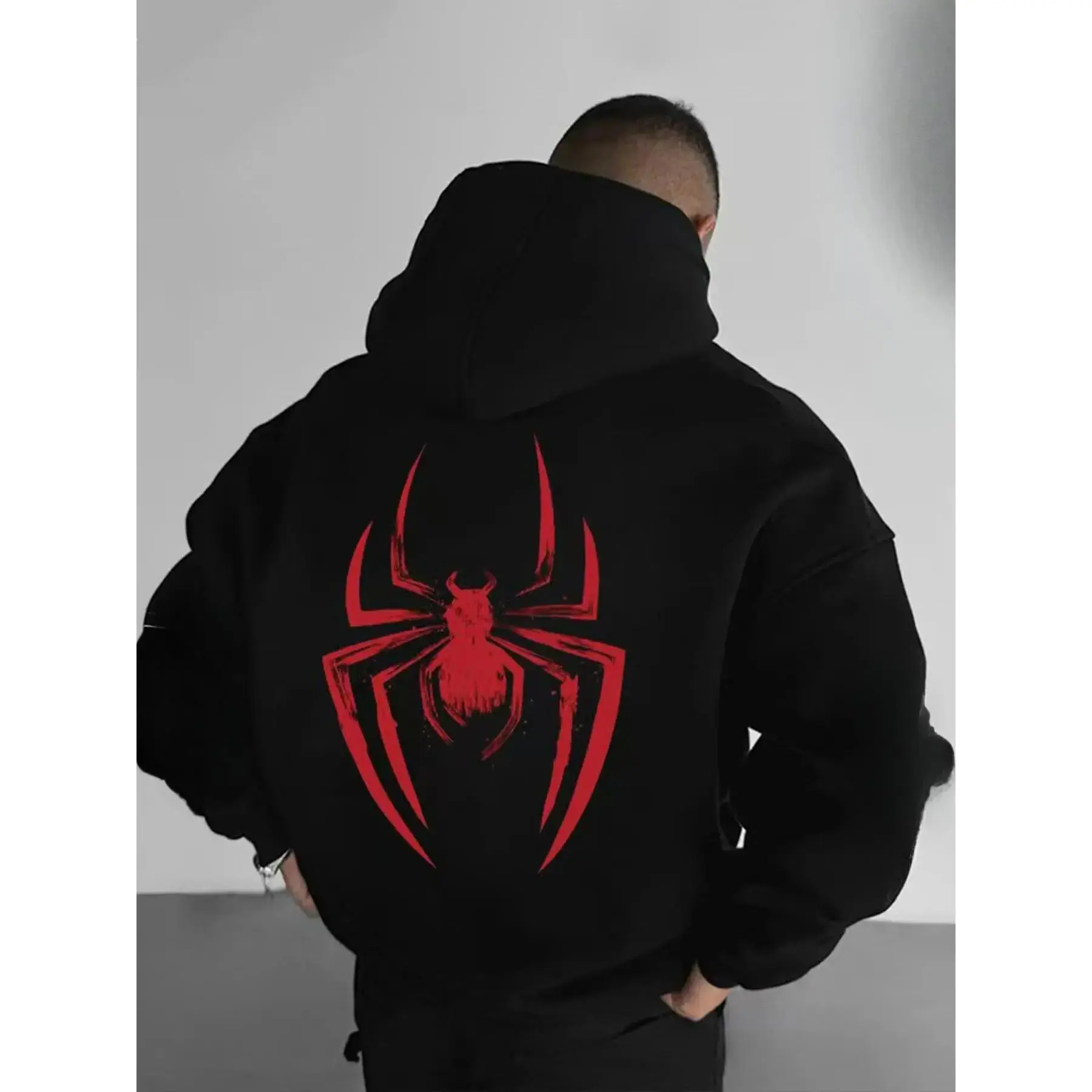 Men's Fall/Winter Spider-Print Hooded Sweatshirt with Drawstring and Kangaroo Pocket, Casual Street Fashion Hoodie, Casual Streetwear Hoodie, Comfortable Fabric, Fitted Graphic Sweatshirts