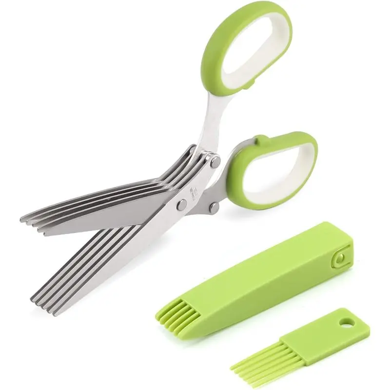 Herb scissors, Multipurpose Cutting Shears with 5 Blade Stainless Steel Kitchen Salad Scissors, Safety Cover and Cleaning Comb for Chopping Cilantro Onion Basil Chive Parsley, Green