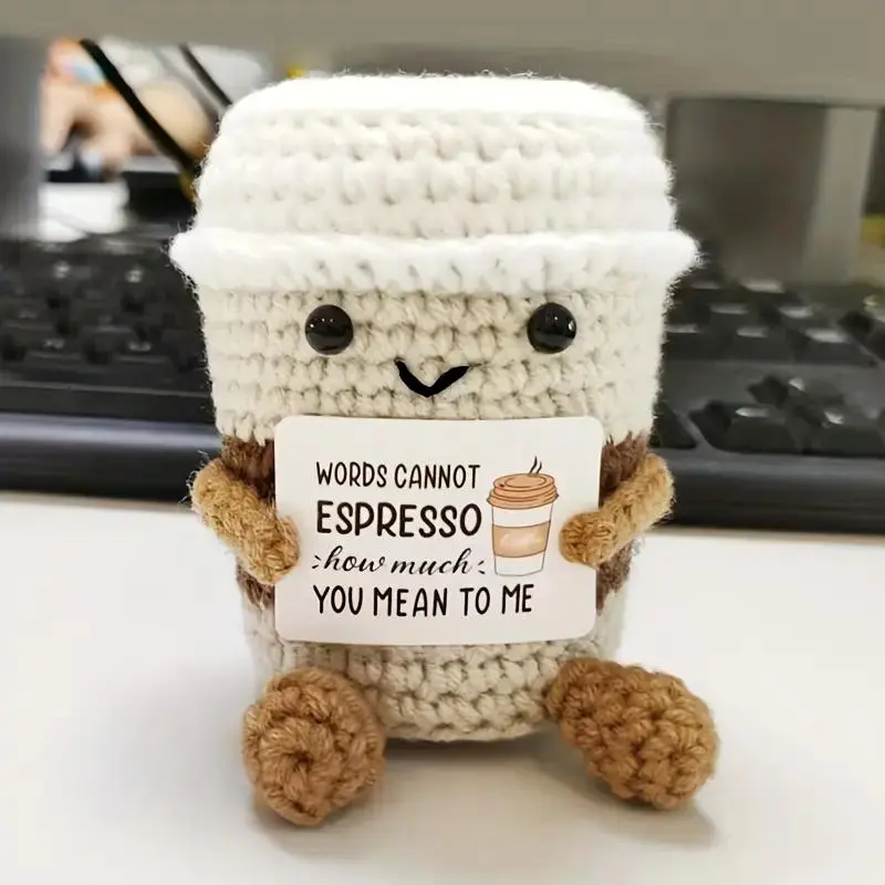 Coffee Cup Crochet Doll Toy Amigurumi, Cute Creative Emotional Support Doll Toy, Knitting Birthday Gifts for Home Office Party Decor