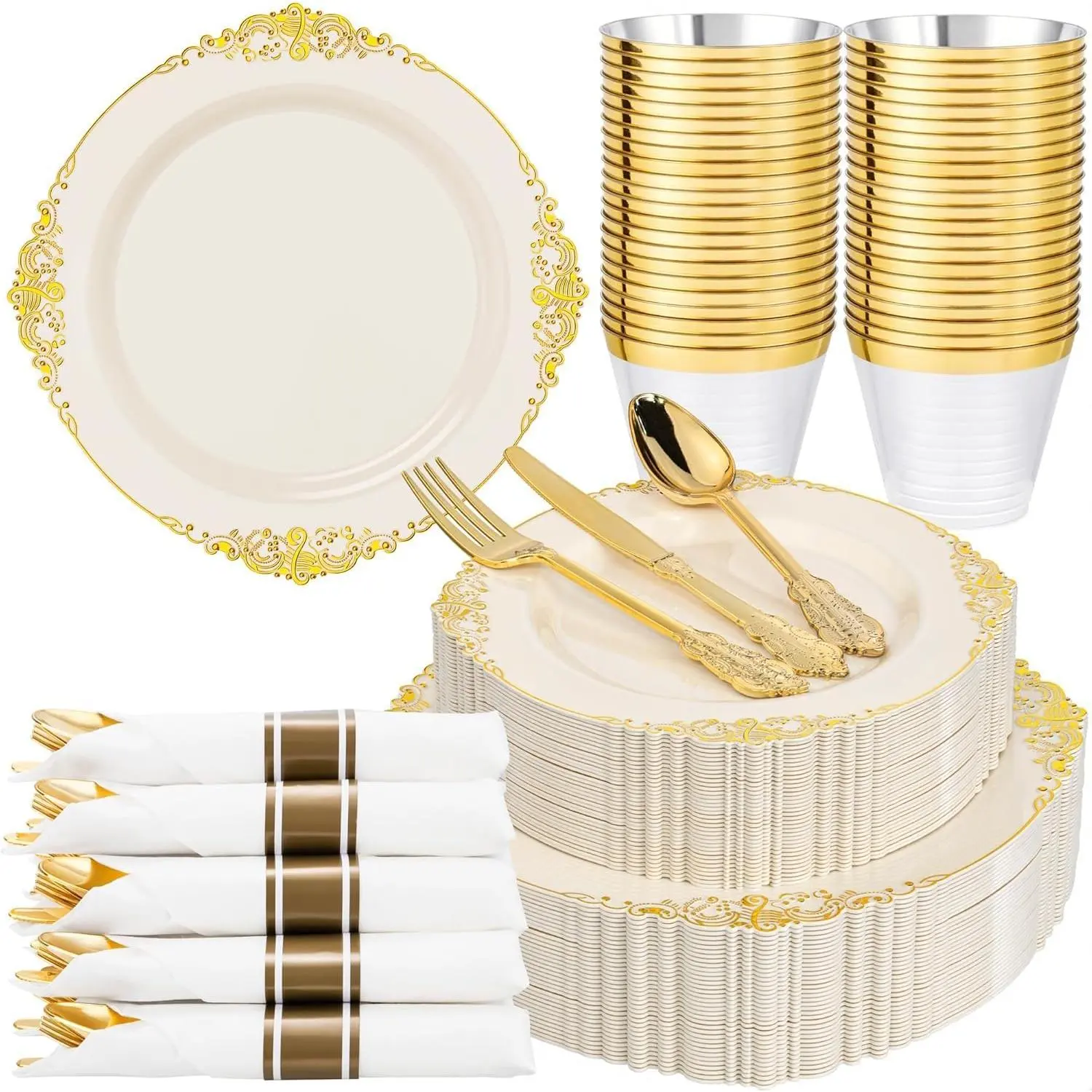 175 count  Plastic Plates, Disposable Party Plates for 25 Guests | 25 7.5" Dessert & 25 10.25" Dinner Disposable Plates, 75  Cutlery, 25 9oz Cups, 25 Napkin for Wedding & Party, Heavy-duty