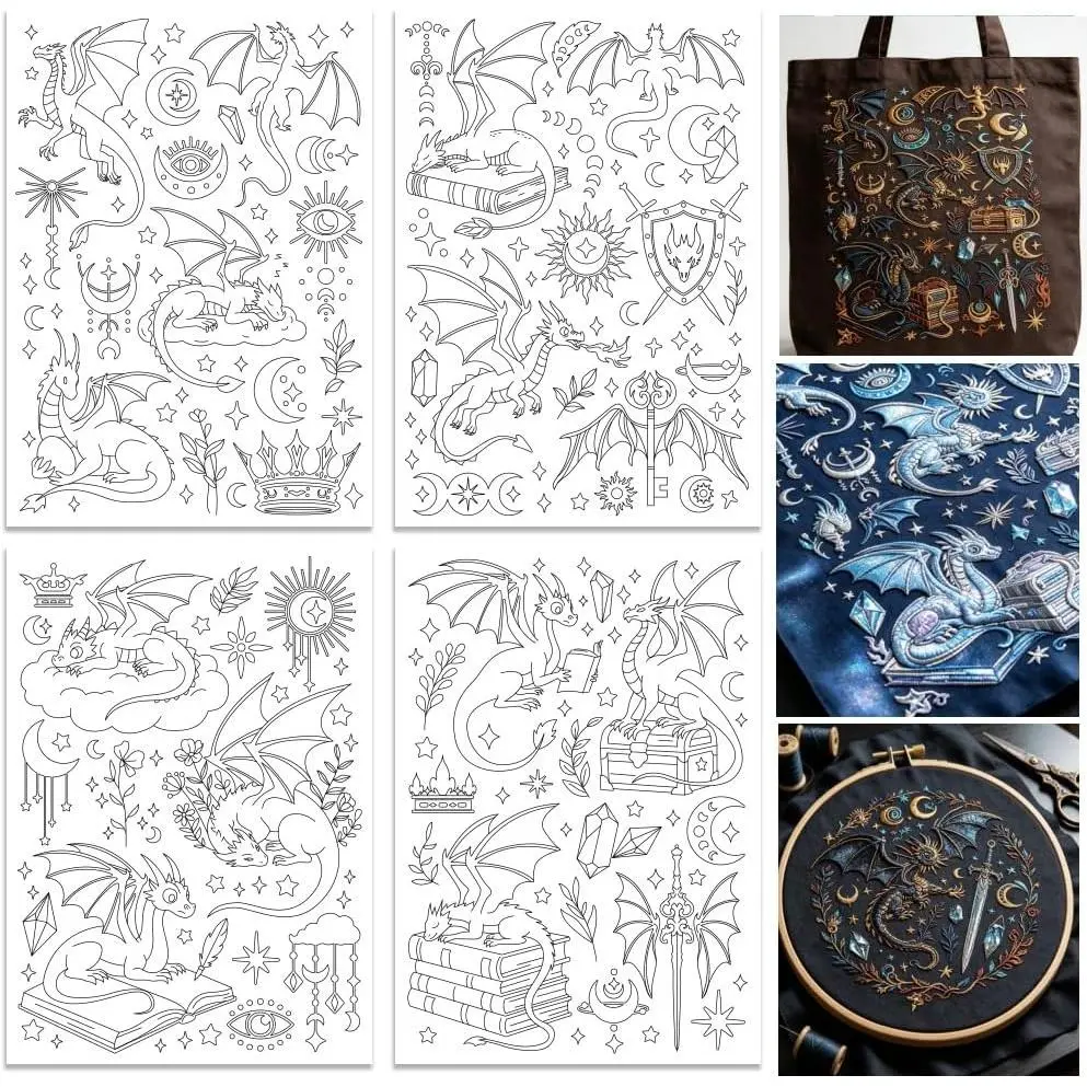 4 Sheets Synthetic Water Soluble Embroidery Stabilizers - Pre-Printed Mythical Dragons & Shrubs Designs - Stick-On Embroidery Paper for Hand Sewing Enthusiasts