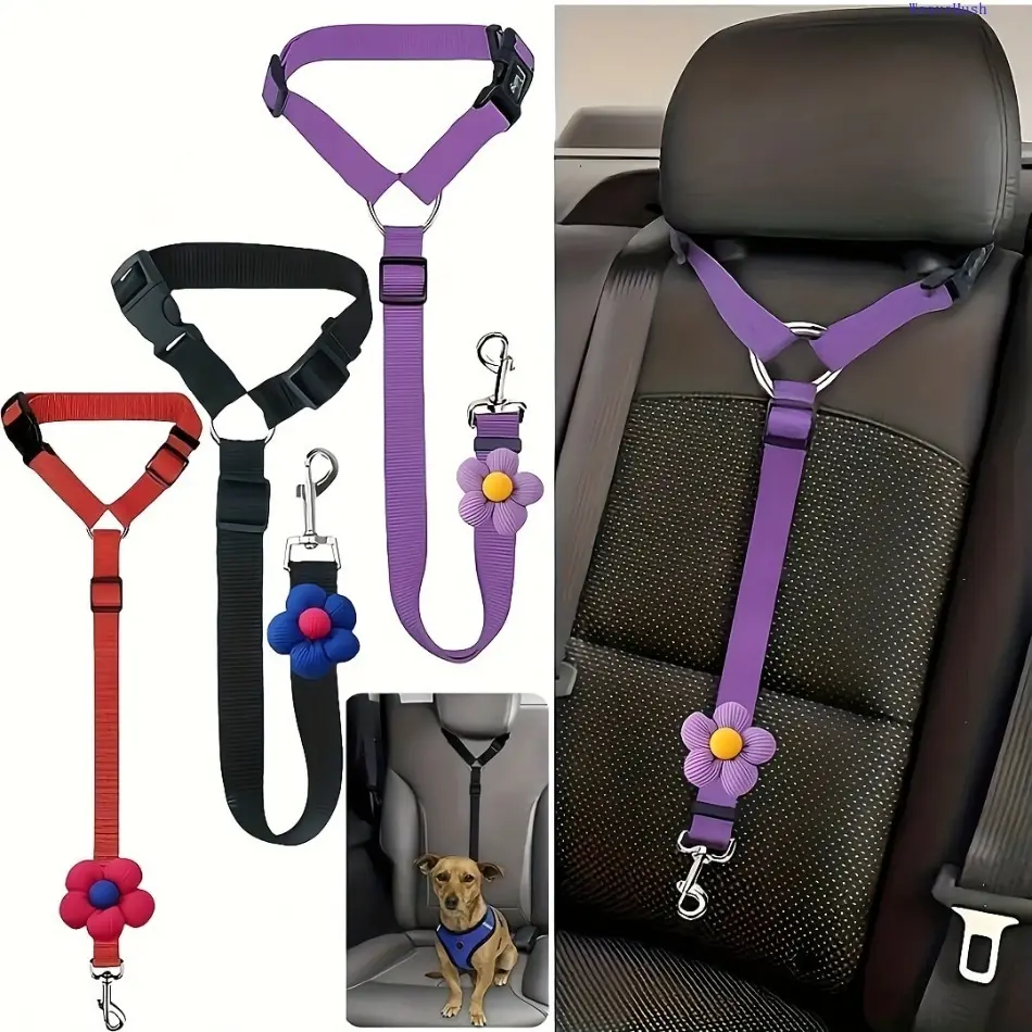 Retractable Pet Car Safety Seatbelt Leash with ring buckle, fits car headrest easily. Universal for dogs & cats, sturdy durable rope prevents pets jumping around while driving. Practical travel pet accessory to keep furry friends safe during road trips.