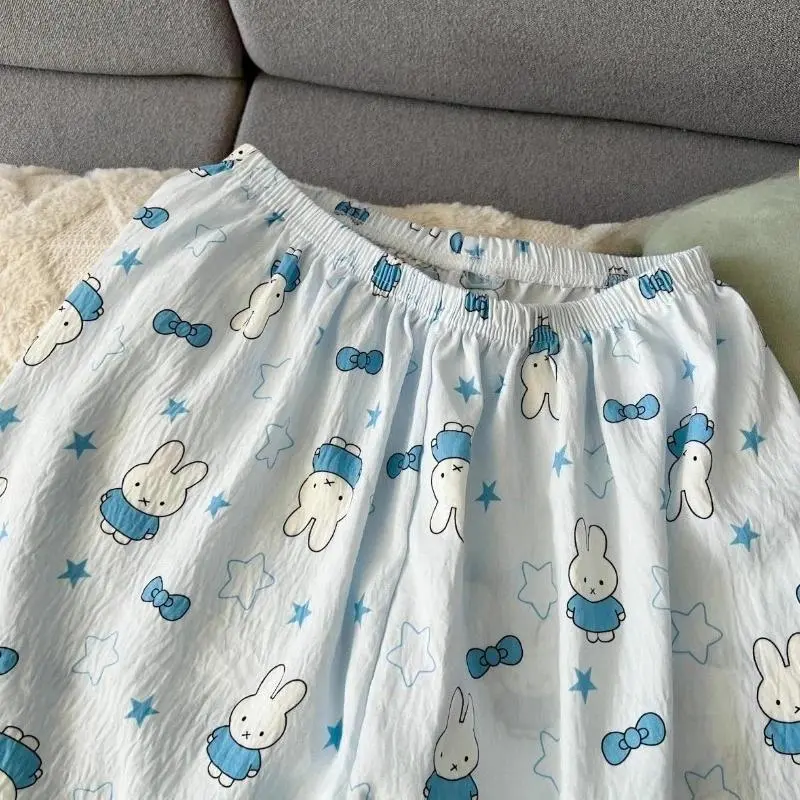 Women's Kawaii Miffy Pyjamas Set, Summer Short-Sleeve & Pants Loungewear with Blue Bow, Cute Cartoon Ins-Style Casual At-Home Outfit, Nightwear